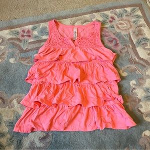 Pink Cherokee girls ruffle tank top with floral lace detailing on the top